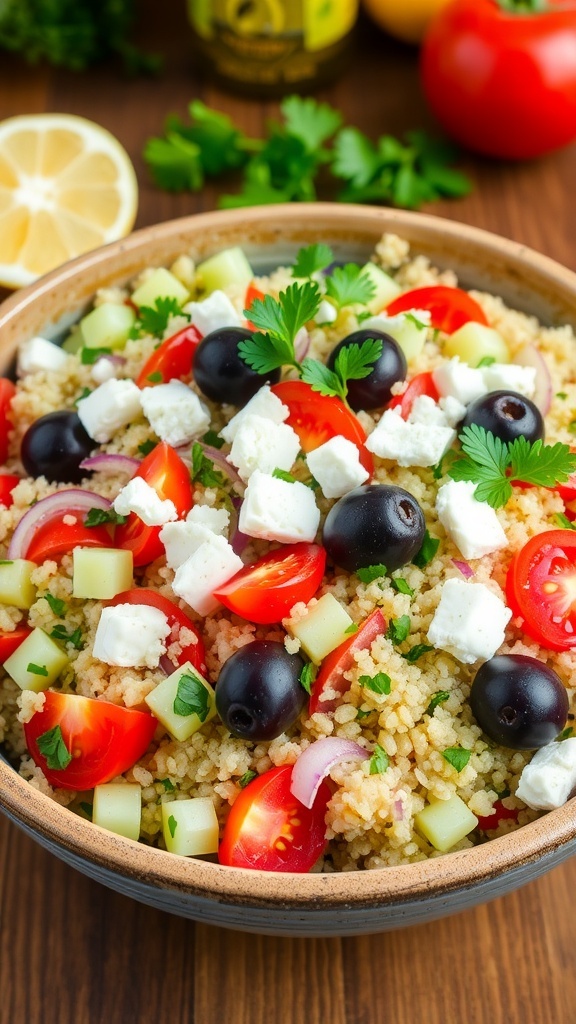 A colorful Greek quinoa salad with cucumbers, tomatoes, olives, and feta cheese in a rustic bowl.